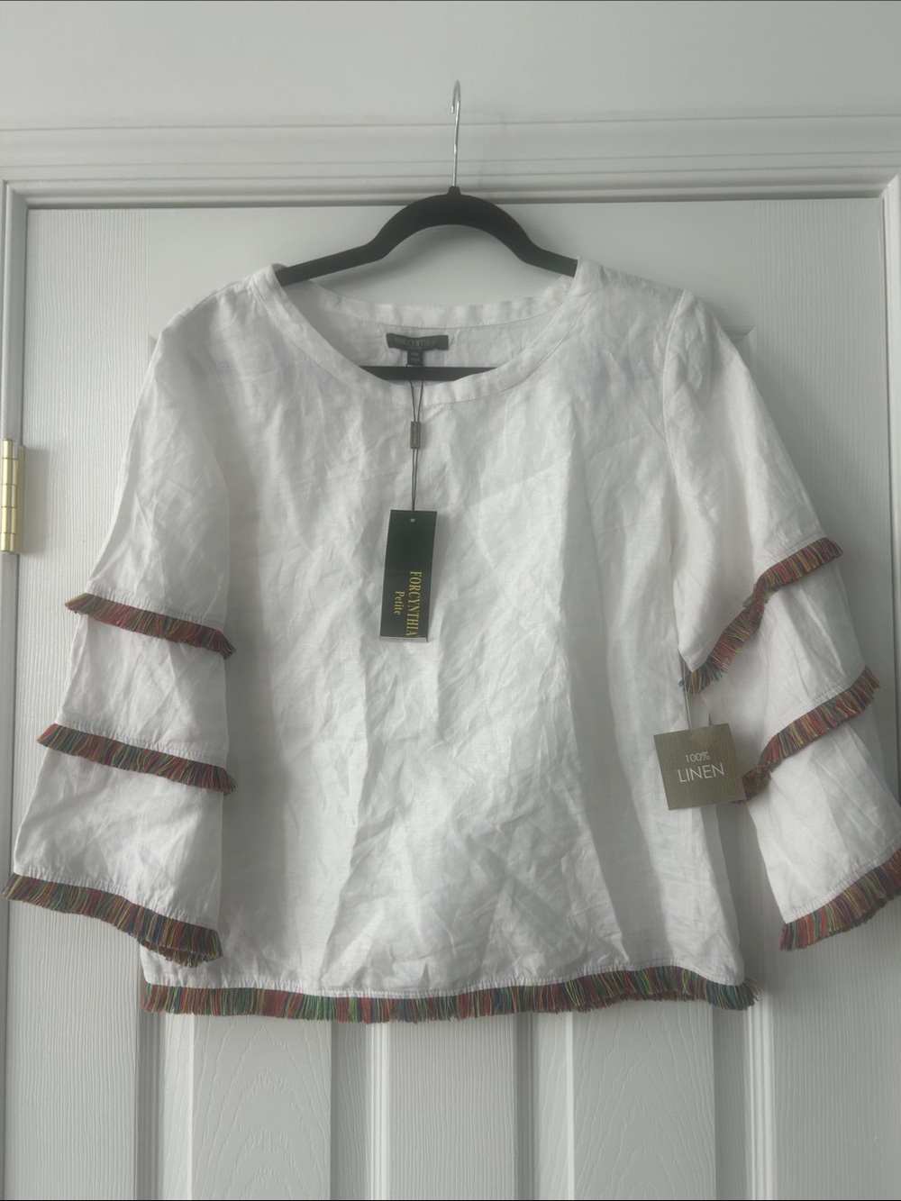 For Cynthia White 100% Linen Top with Multicolor Fringe Trim